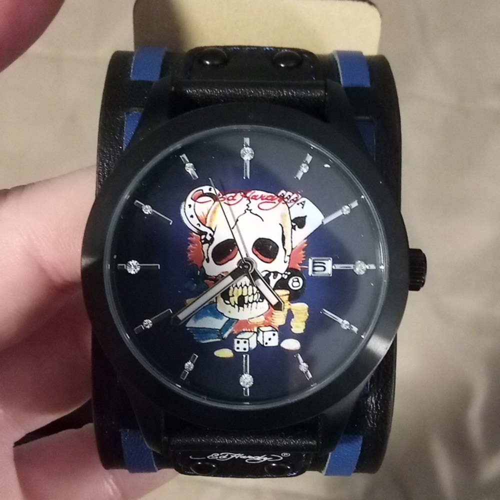 Vintage Y2K Ed Hardy Love Kills Slowly Skull Watch Black Leather Cuff Round Face